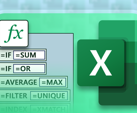 Illustration showing a function symbol above a list of nested formulas with the Excel logo beside.