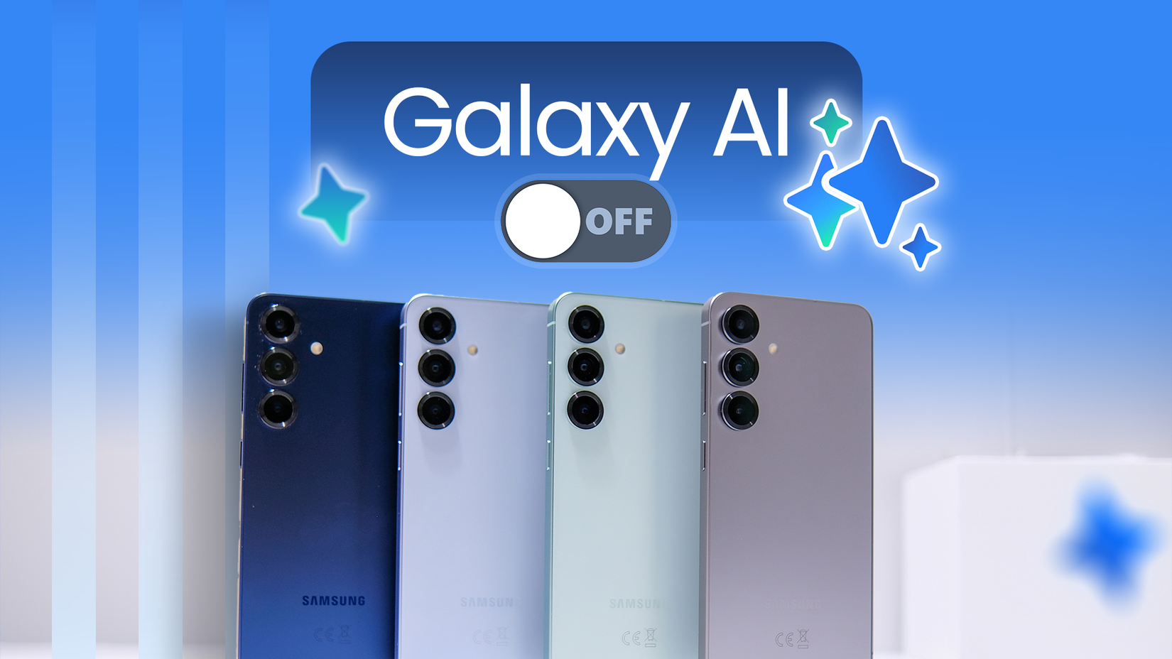 Illustration showing four Samsung Galaxy phones with a large Galaxy AI toggle switched to off above them.