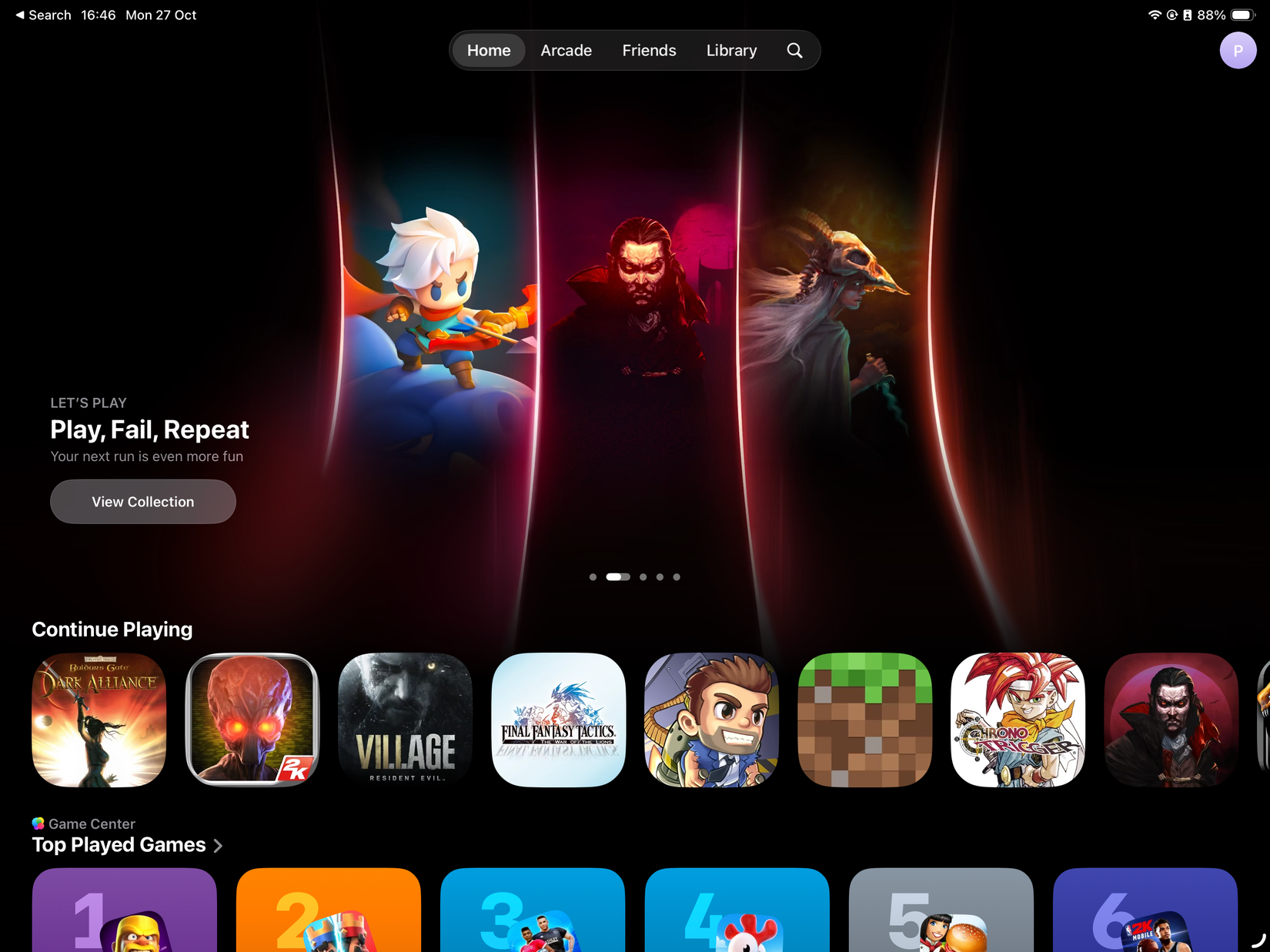 The home tab for the Apple Games app in iPadOS 26.