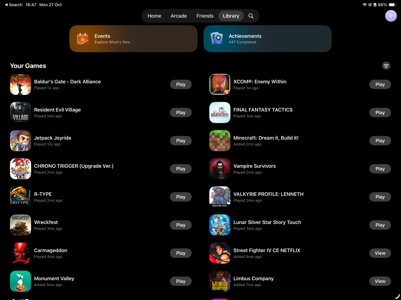 The Apple Games App showing your owned games along with play times.