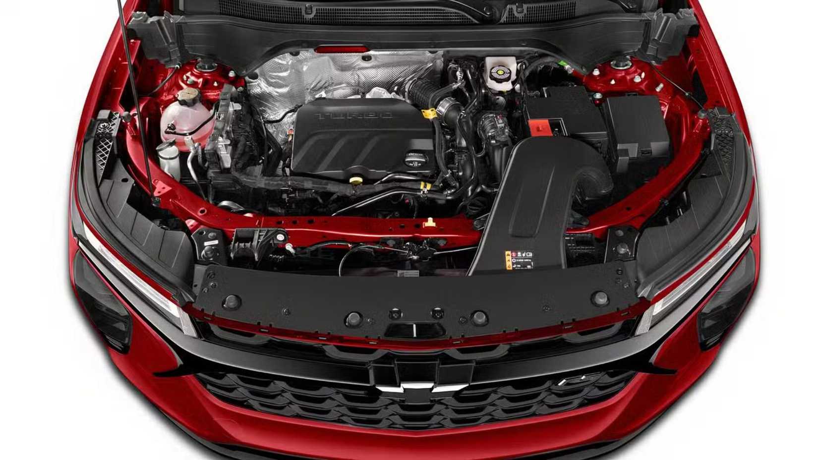 Birds-eye-view shot of 2025 Chevrolet Trax SR2 engine bay showing 1.2-liter turbocharged inline-three.