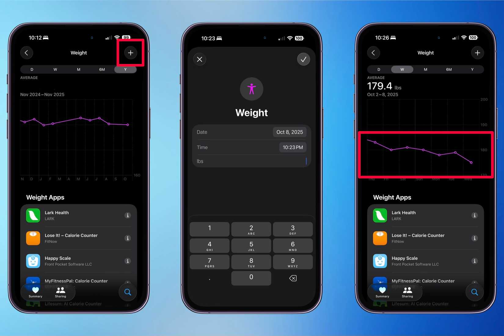 Adding, editing, and seeing the weight data you input in the Health app.