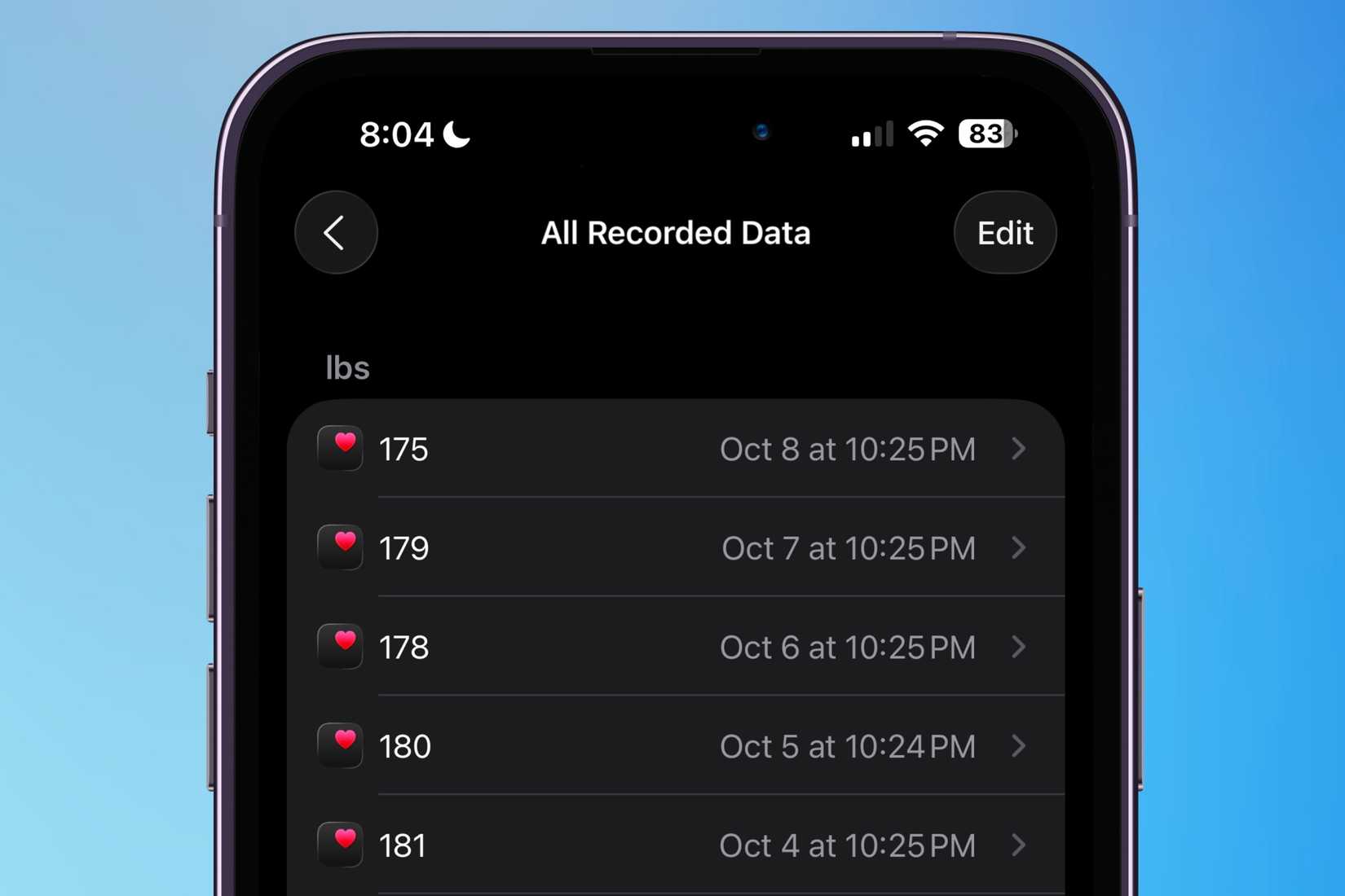 Seeing all recorded weight data in the Health app.