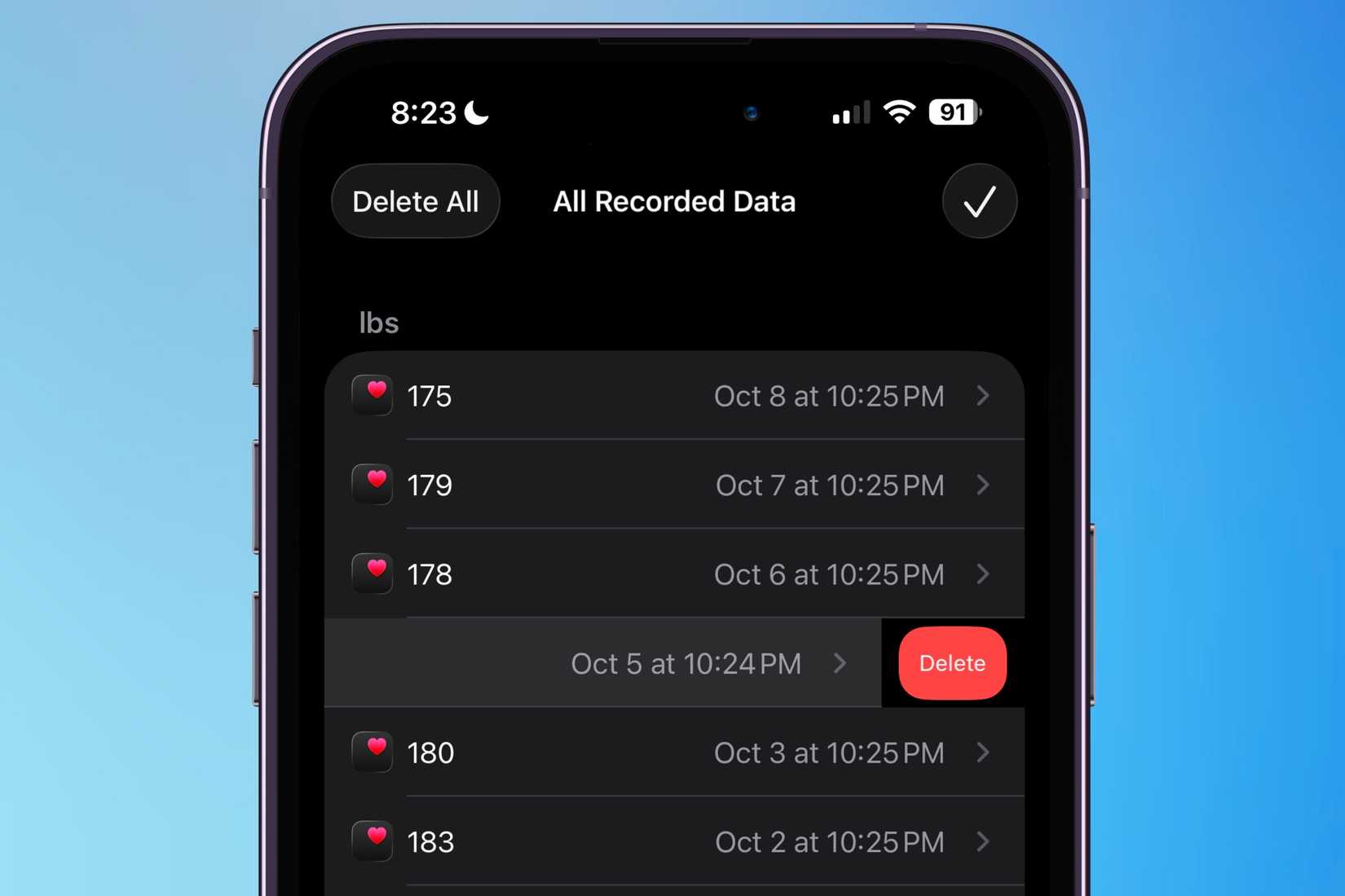 Weighting a single weight entry in the Health app.