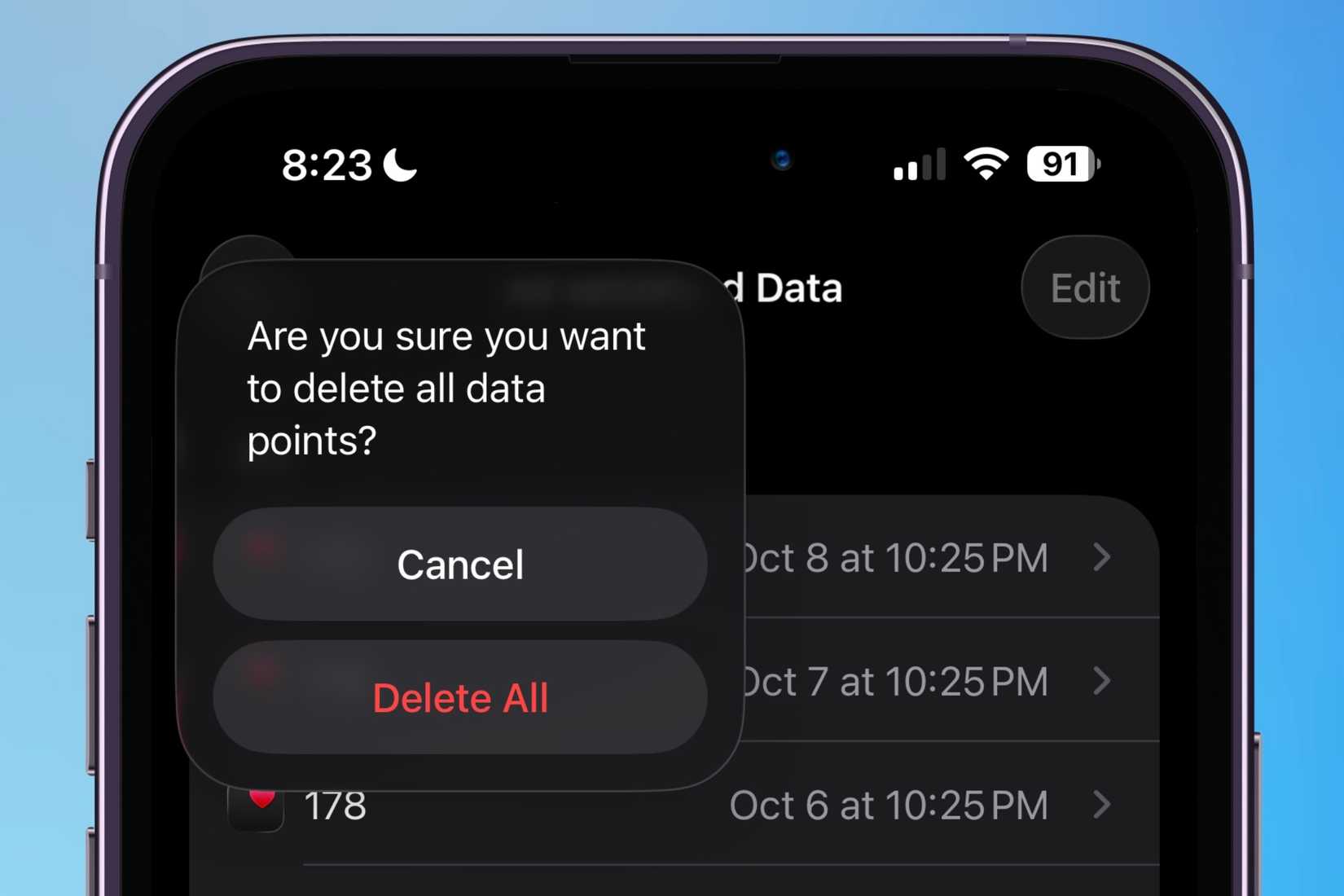 Confirming the deletion of all weight entries in the health app.
