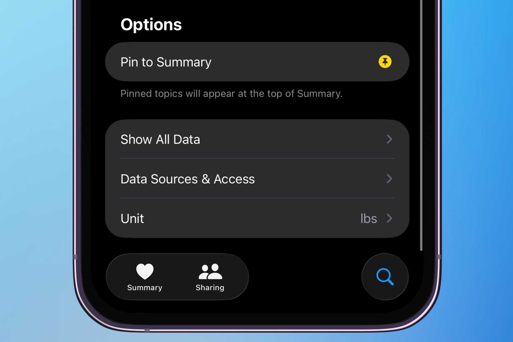 Option to pin a health section to the Summary page in the Health app.