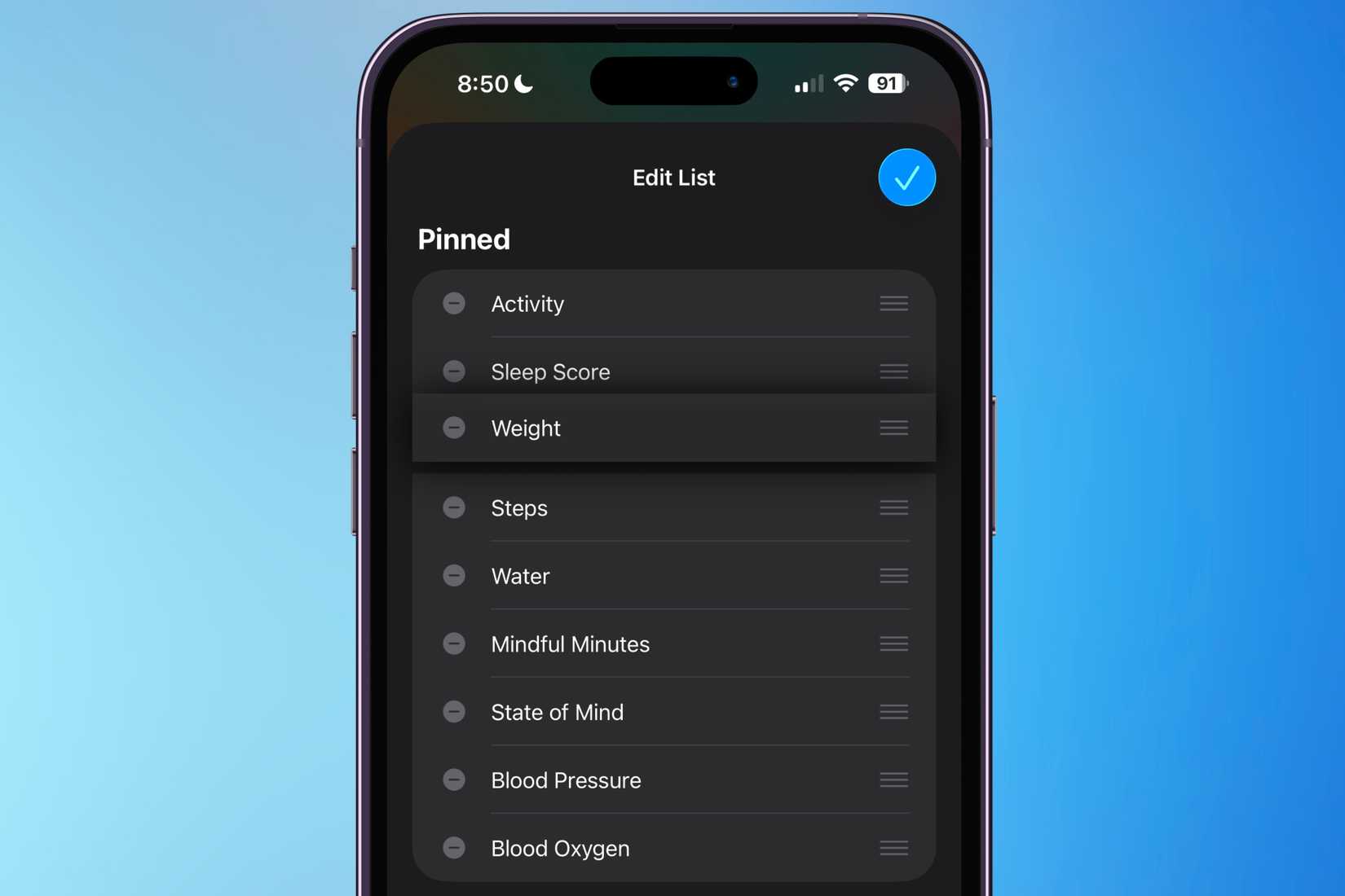 Réorganiser les sections épinglées dans l’onglet Résumé dans l’ordre souhaité dans l’application Santé.