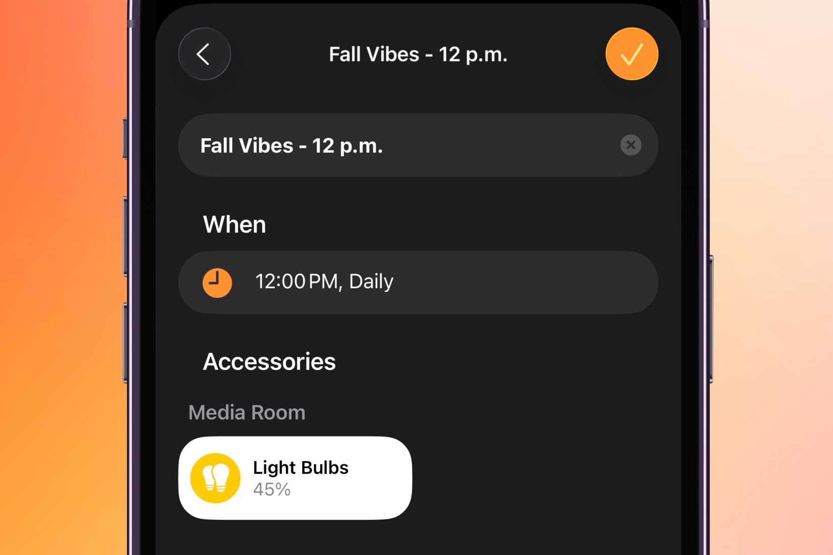 Configurando uma automação no app Home para alterar a cor das luzes em um horário específico.