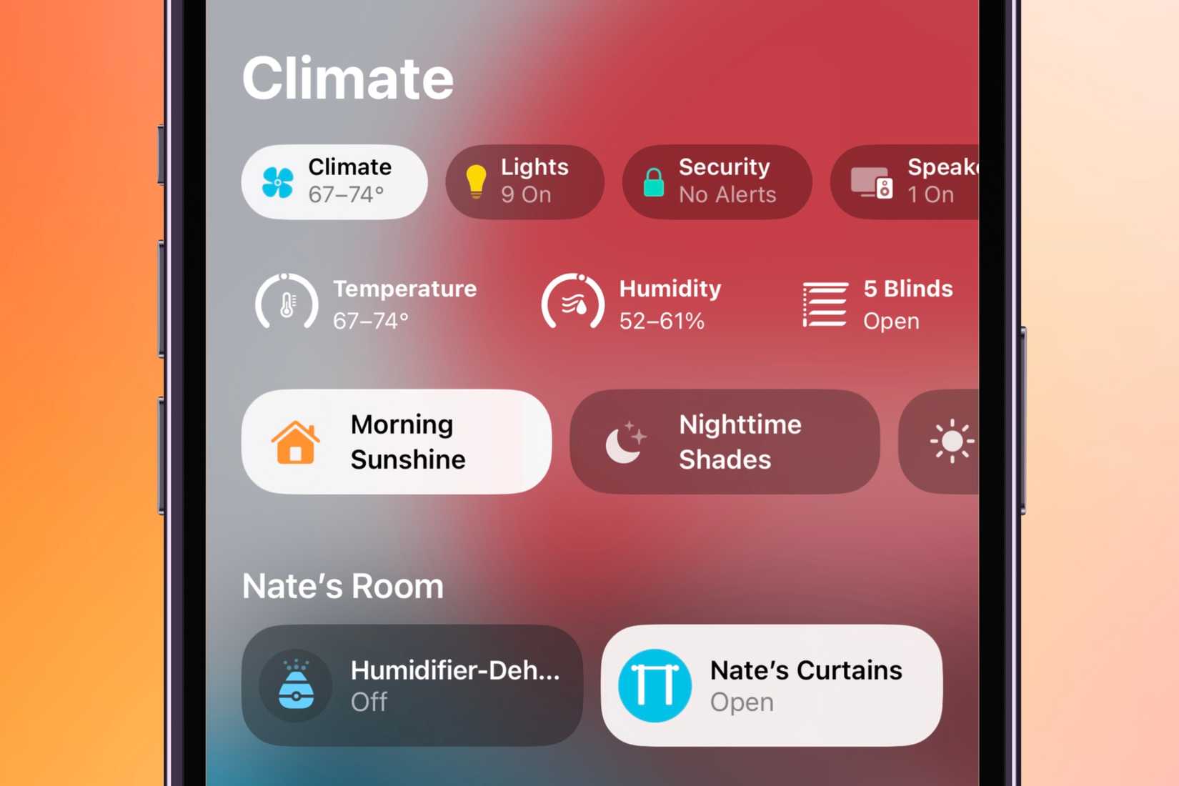 Informações climáticas que mostram temperatura, umidade e outras informações no app Home.