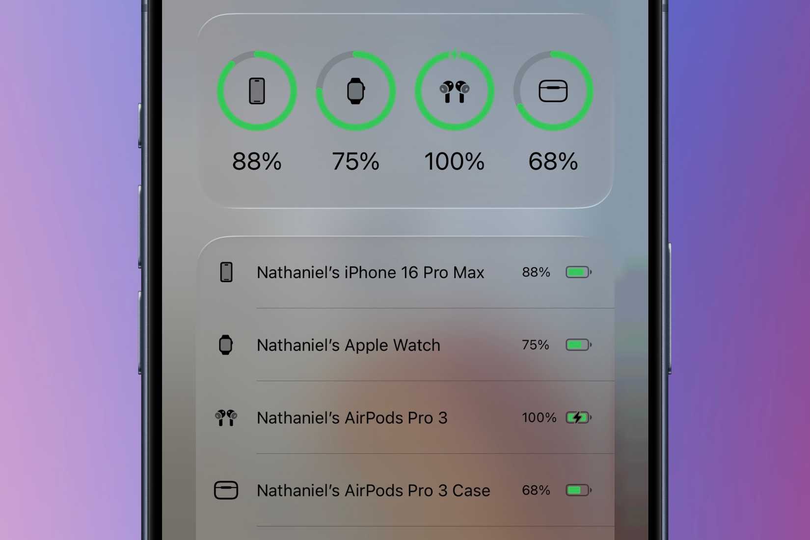 Charging status for the AirPods Pro 3 and its charging case.