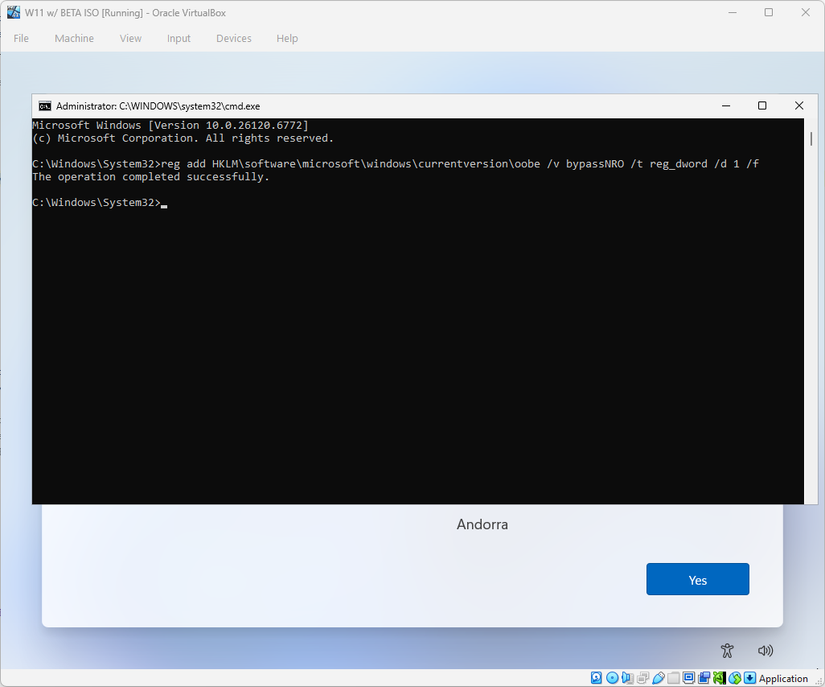 Installing Windows 11 with a registry hack to bypass the Microsoft account requirement.