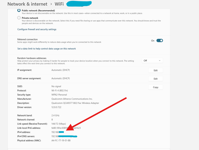 Looking up the IP4 address on a Windows machine.