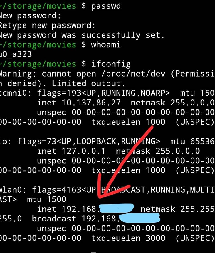 Looking up the IP address using Termux.