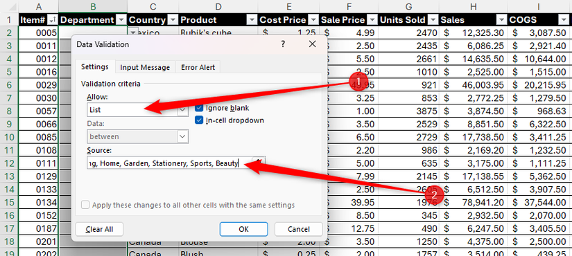 Os itens são digitados manualmente no campo Origem da caixa de diálogo Validação de dados no Excel para produzir uma lista de opções.