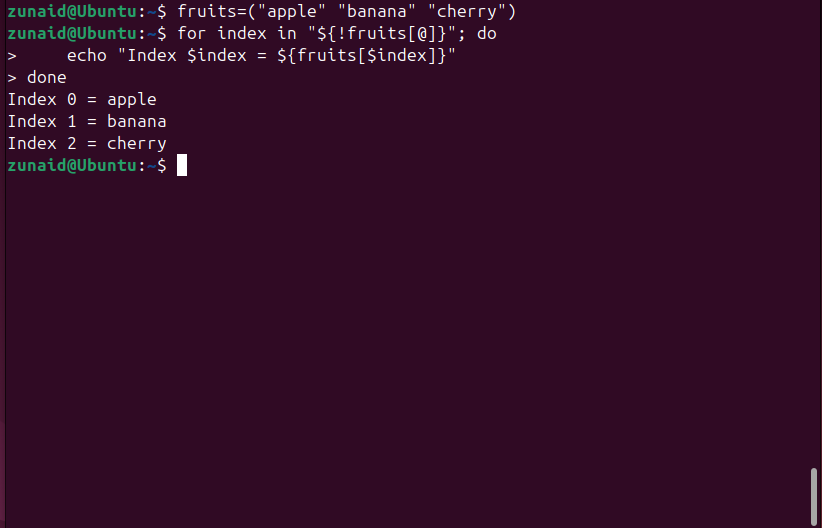 Iterando através de índices de array Bash usando um loop for.