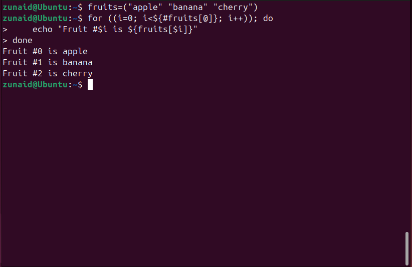 Iterando por meio de um array Bash usando um loop for estilo C.