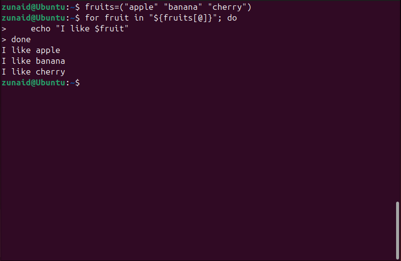 Iterando através de um array Bash usando um loop for simples.