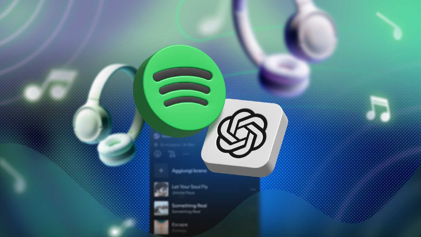 Spotify and ChatGPT logos floating around with a playlist in the background.
