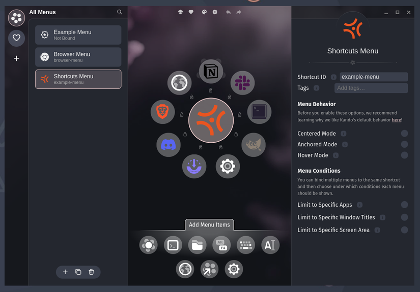 Kando menu editor page.