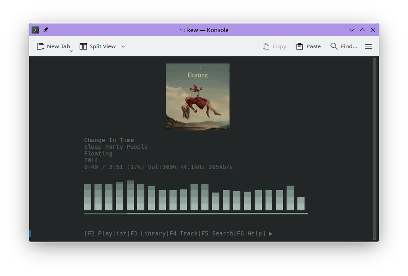 Kew playing a Sleep Party People song in a Linux terminal.