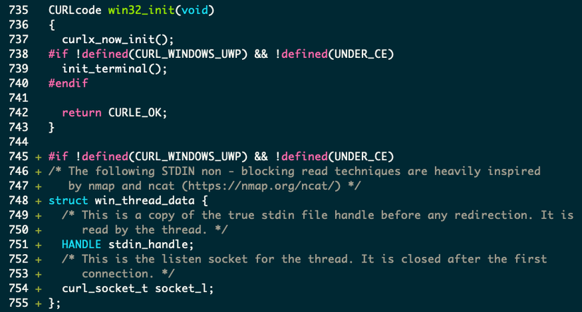 O conteúdo de um arquivo com símbolos de adição verdes no início de várias linhas.