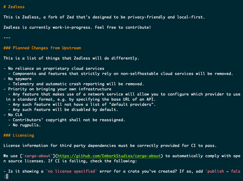 Um arquivo de texto Markdown com títulos em laranja e URLs sublinhados em verde.