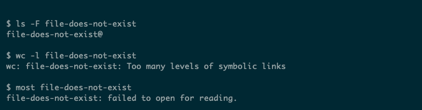 O comando ls exibindo um link seguido pelo wc e a maioria dos programas relatando erros ao interagir com esse link.