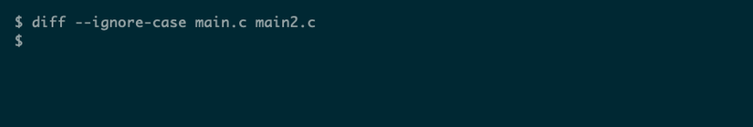 The diff command run on two source code files with the --ignore-case option showing no output.