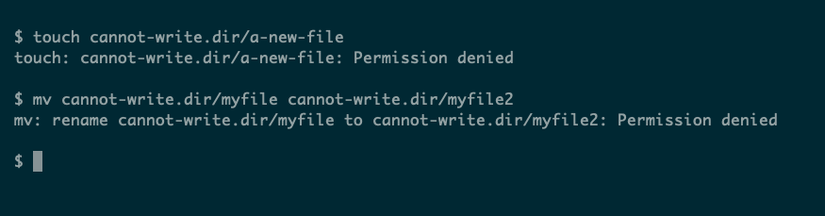 A write-protected directory denies creating a file inside it or moving an existing one.