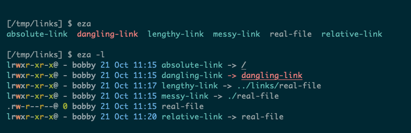O programa Linux, eza, mostra links quebrados em uma cor diferente.