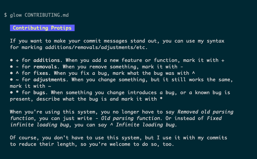 The glow program displaying a formatted Markdown file on the command line.
