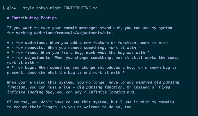 A Markdown file displayed using glow and the Tokyo Night theme.