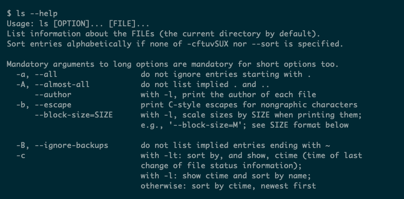 When run with the --help option, the ls command shows summary usage information and details of supported options.