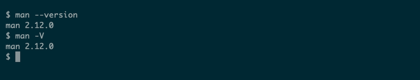 The Linux man command run with the --version and -V options, each of which prints the version, "man 2.12.0"