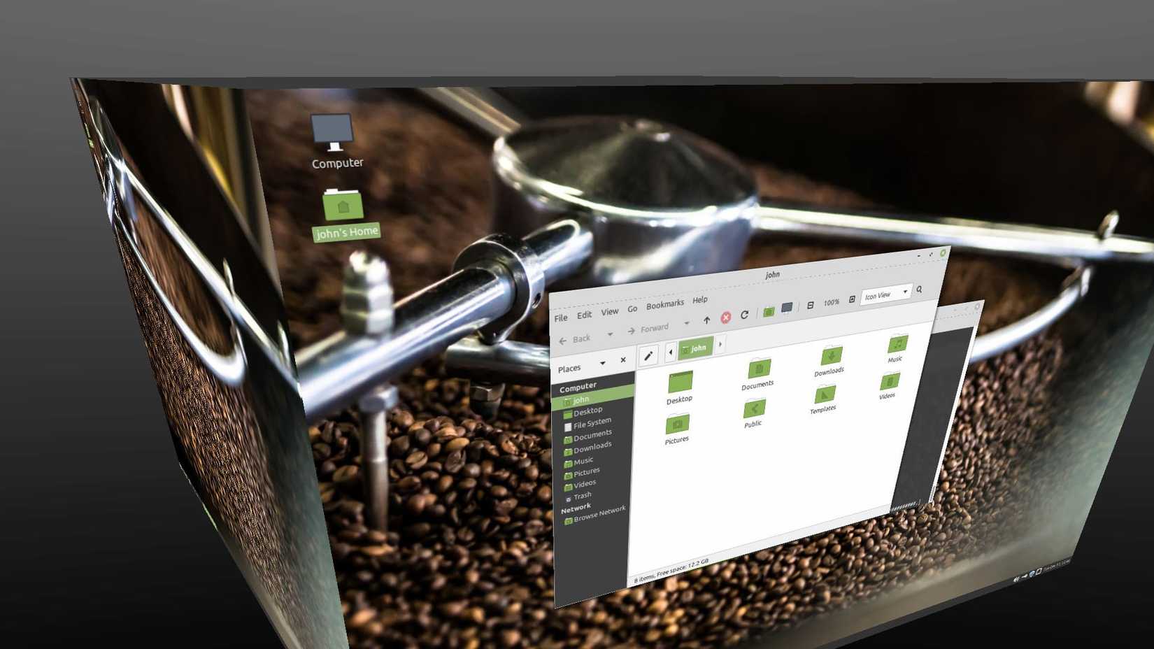 Linux Mint Mate mostrando um cubo para observar as diferentes janelas da área de trabalho
