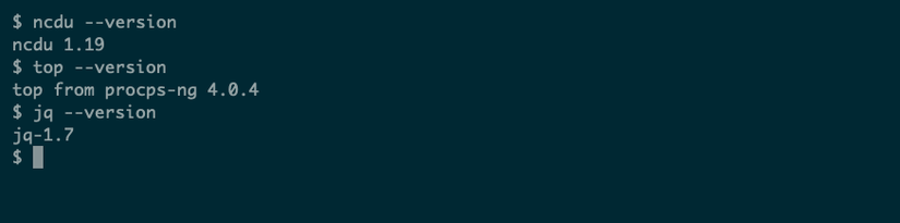 Several Linux commands run with the --version option, showing a program name and version number for each.