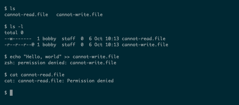 Commands producing "permission denied" errors when writing to a write-protected file or reading from a read-protected one.