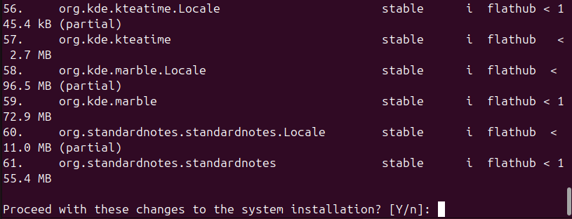 Linux terminal showing the output of a series of Flatpaks being installed.
