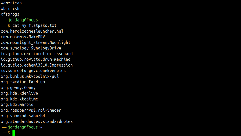 Linux terminal showing the output of cat commands on text files listing installed packages.