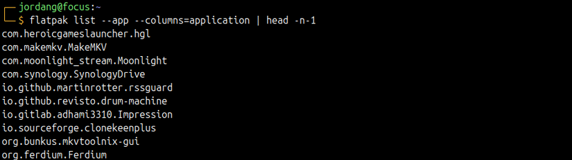 Linux terminal showing the output of several applications from a flatpak list command.