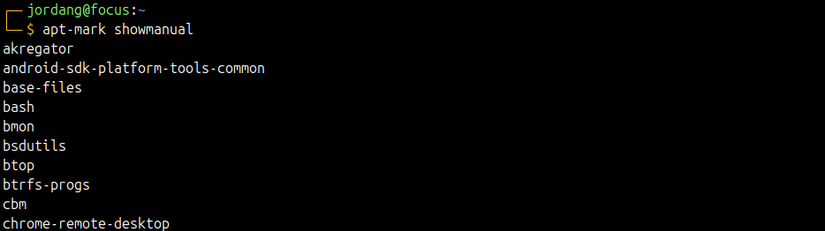 Linux terminal showing the output of several applications from the apt-mark showmanual command.