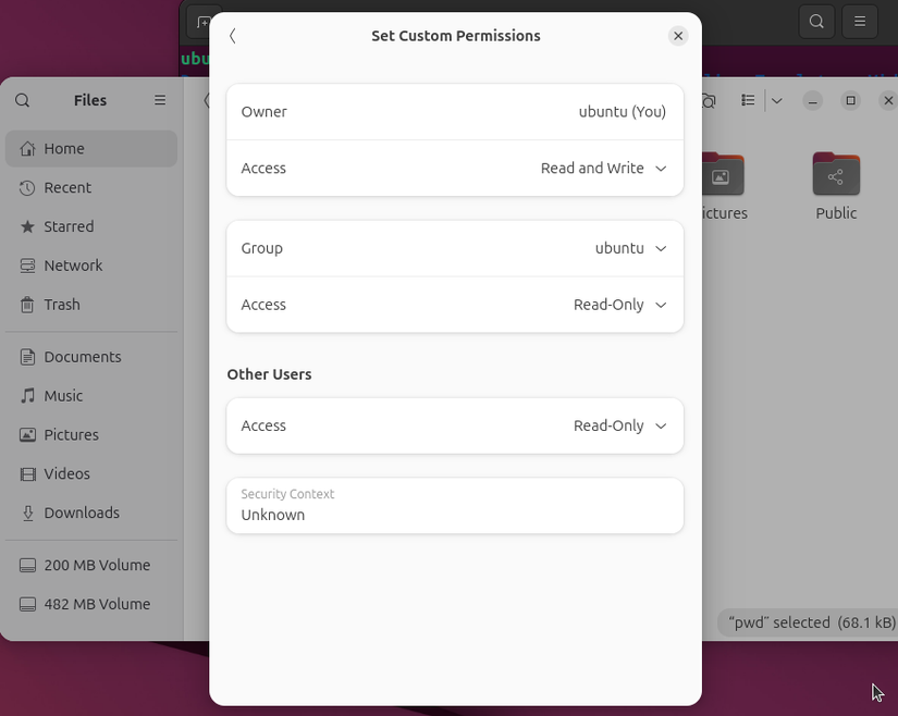 An Ubuntu Files dialog showing permission details for a file, with individual settings for the owner, group, and other users.