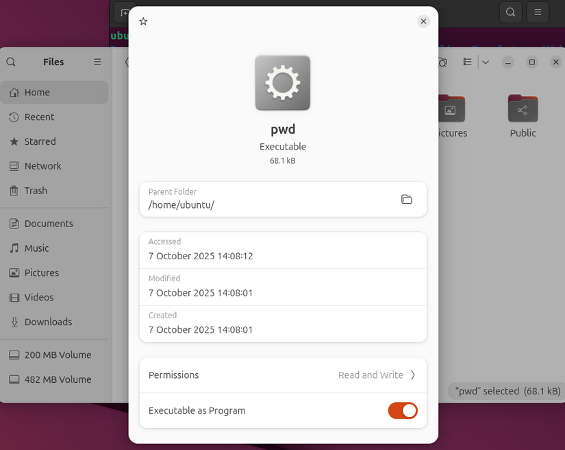 Uma caixa de diálogo Arquivos do Ubuntu mostrando as propriedades de um arquivo, incluindo um resumo de suas configurações de permissão.