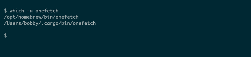 The which command with the -a option printing two different paths.