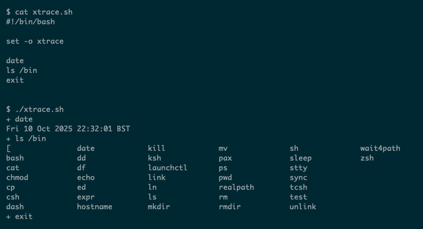 A script using the xtrace setting to show the details of commands—date and ls—that it runs.