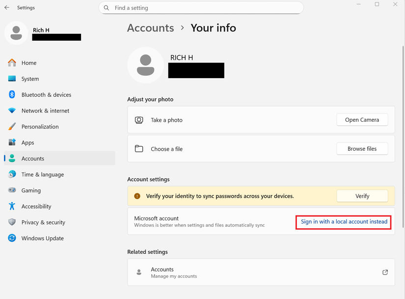 A screenshot of Windows 11 Accounts settings, local profile is highlighted in a red box
