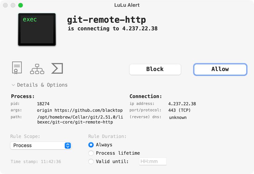 LuLu for macOS blocking an app from accessing the internet.