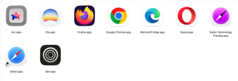 A Finder window showing several browser apps, including Arc, Chrome, Safari, and Zen.