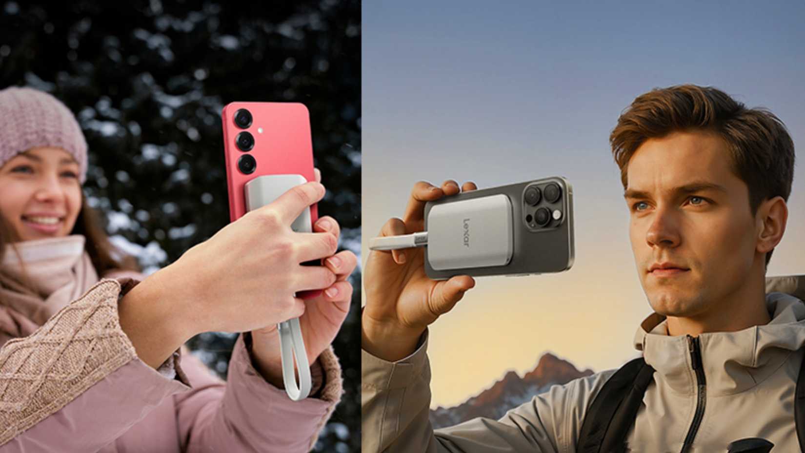 Homem com cara de morto que parece uma IA segurando um telefone com SSD Lexar ao lado de uma mulher que está sorrindo com o mesmo telefone e SSD.