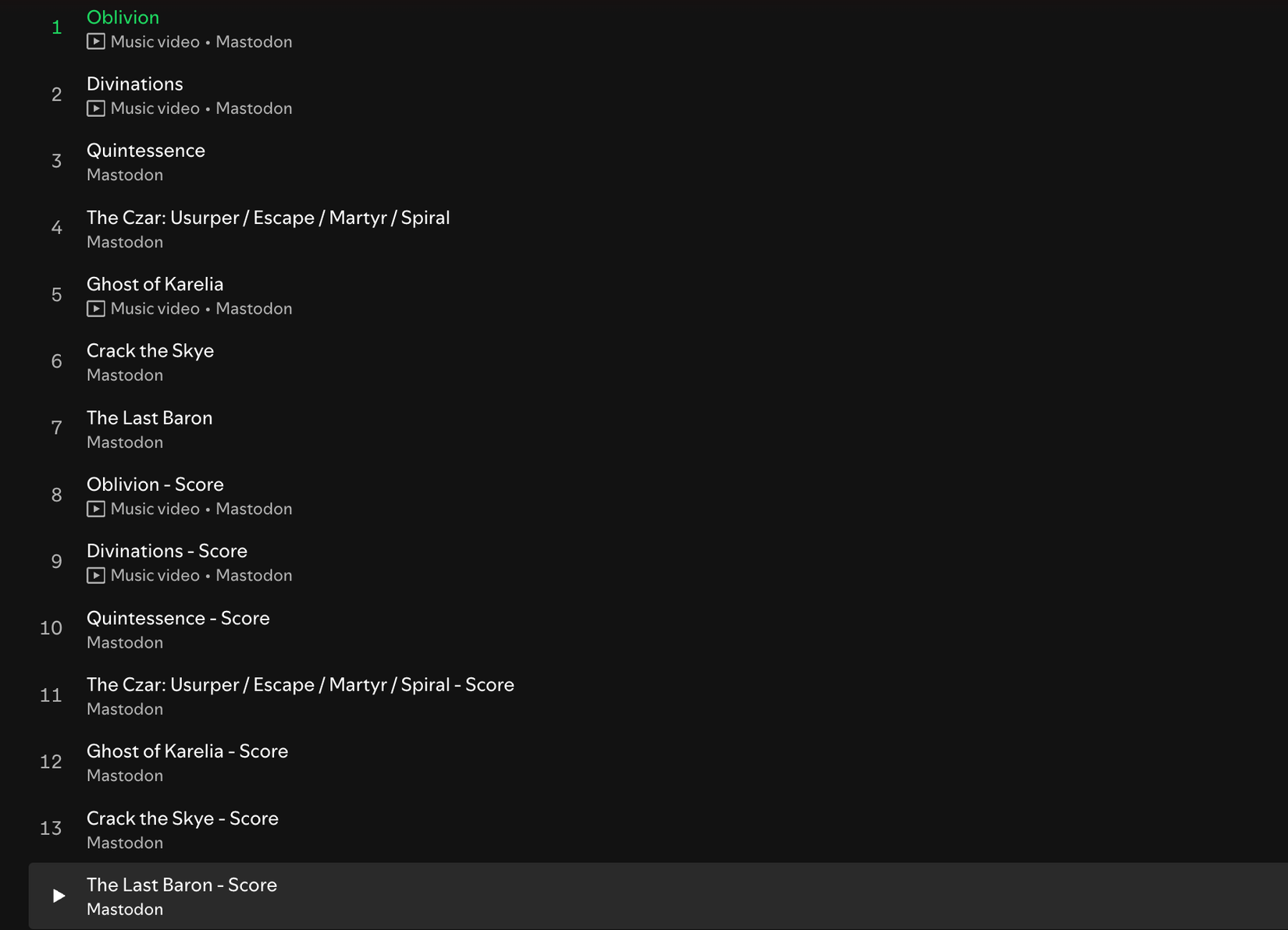 Tracklist for Mastodon's Crack the Skye album. 